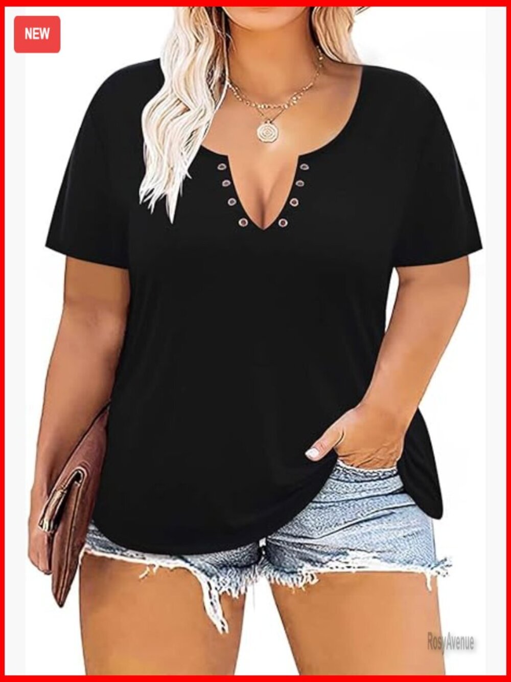 Plus Size V Neck Button Tee Short Sleeve Loose Fit Tunics Top